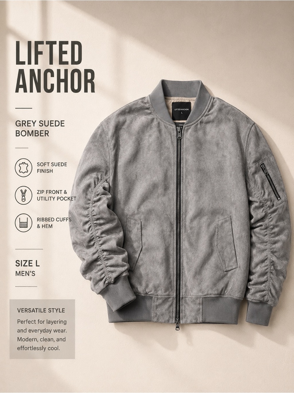 Lifted Anchor Grey Suede like Bomber Jacket Size L